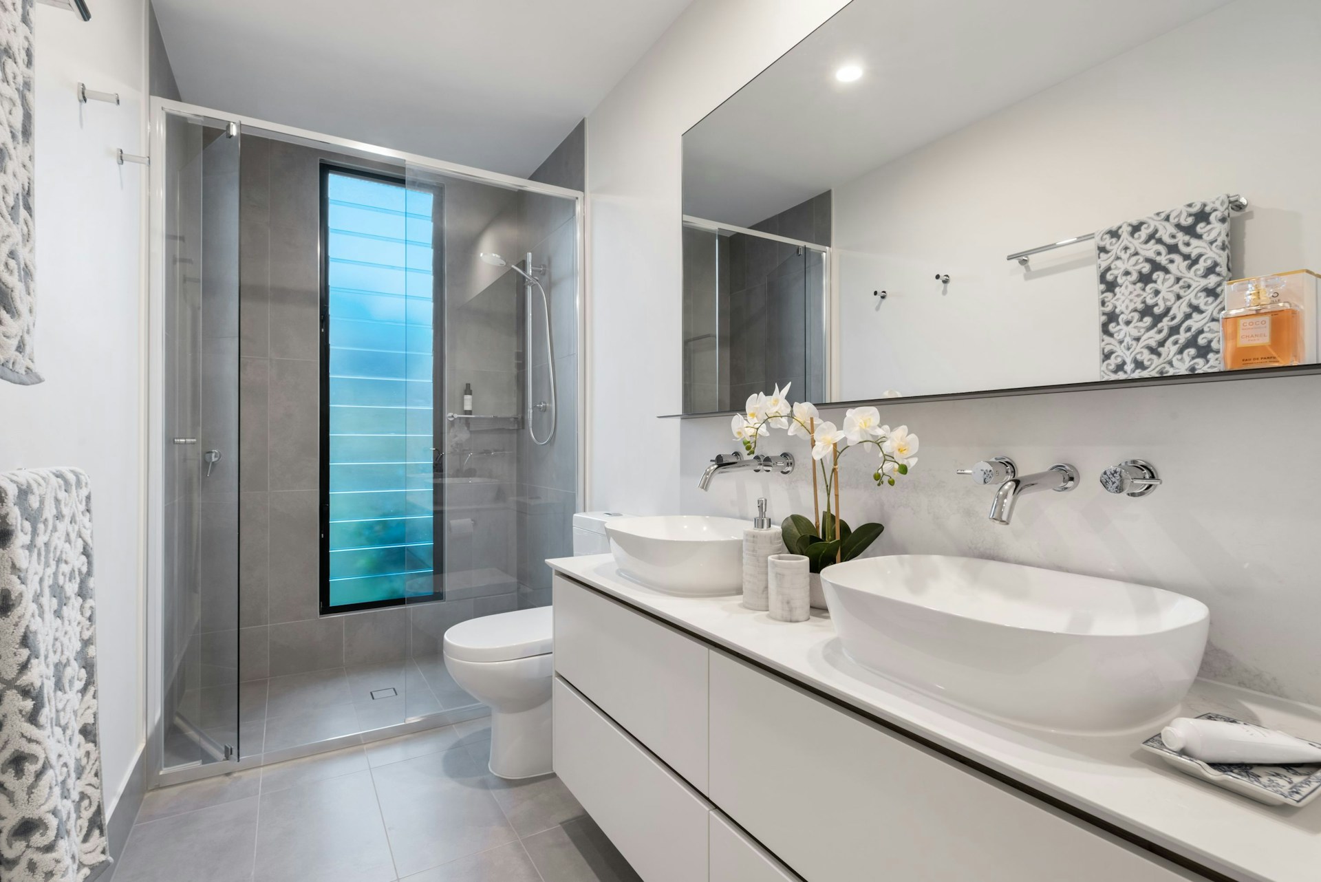 Close-up view of professionally installed modern bathroom demonstrating quality bathroom fitting workmanship